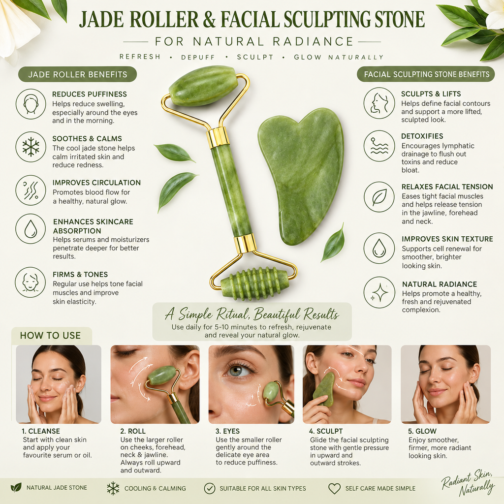 An infographic poster for a jade roller and facial sculpting stone, featuring product benefits, usage steps, and before/after skin result photos. The central product photo shows a green jade roller and facial sculpting stone set against a white background with green text and icons.