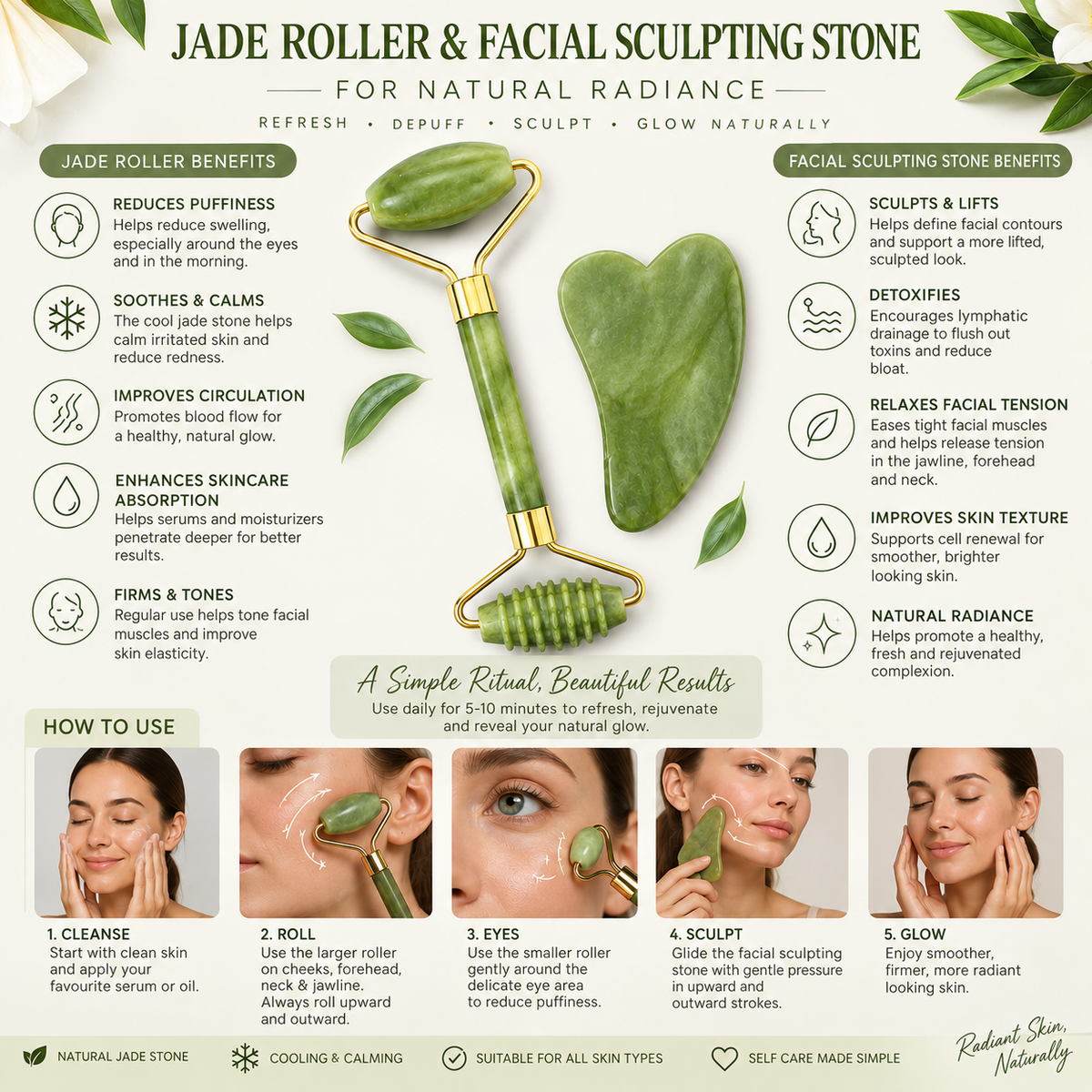 An infographic poster for a jade roller and facial sculpting stone, featuring product benefits, usage steps, and before/after skin result photos. The central product photo shows a green jade roller and facial sculpting stone set against a white background with green text and icons.