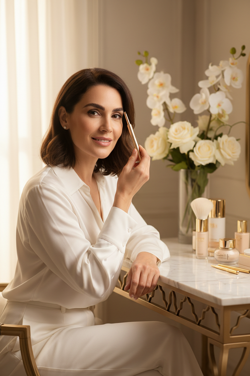 Woman using Aveliq Glow gold eyebrow trimmer at luxury vanity