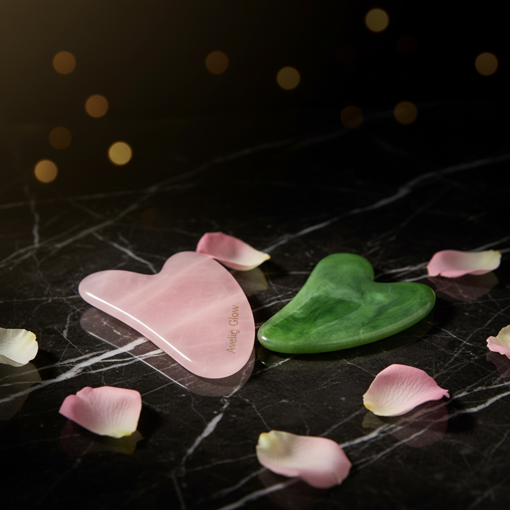 Aveliq Glow Rose Quartz and Jade Gua Sha Set on dark marble
