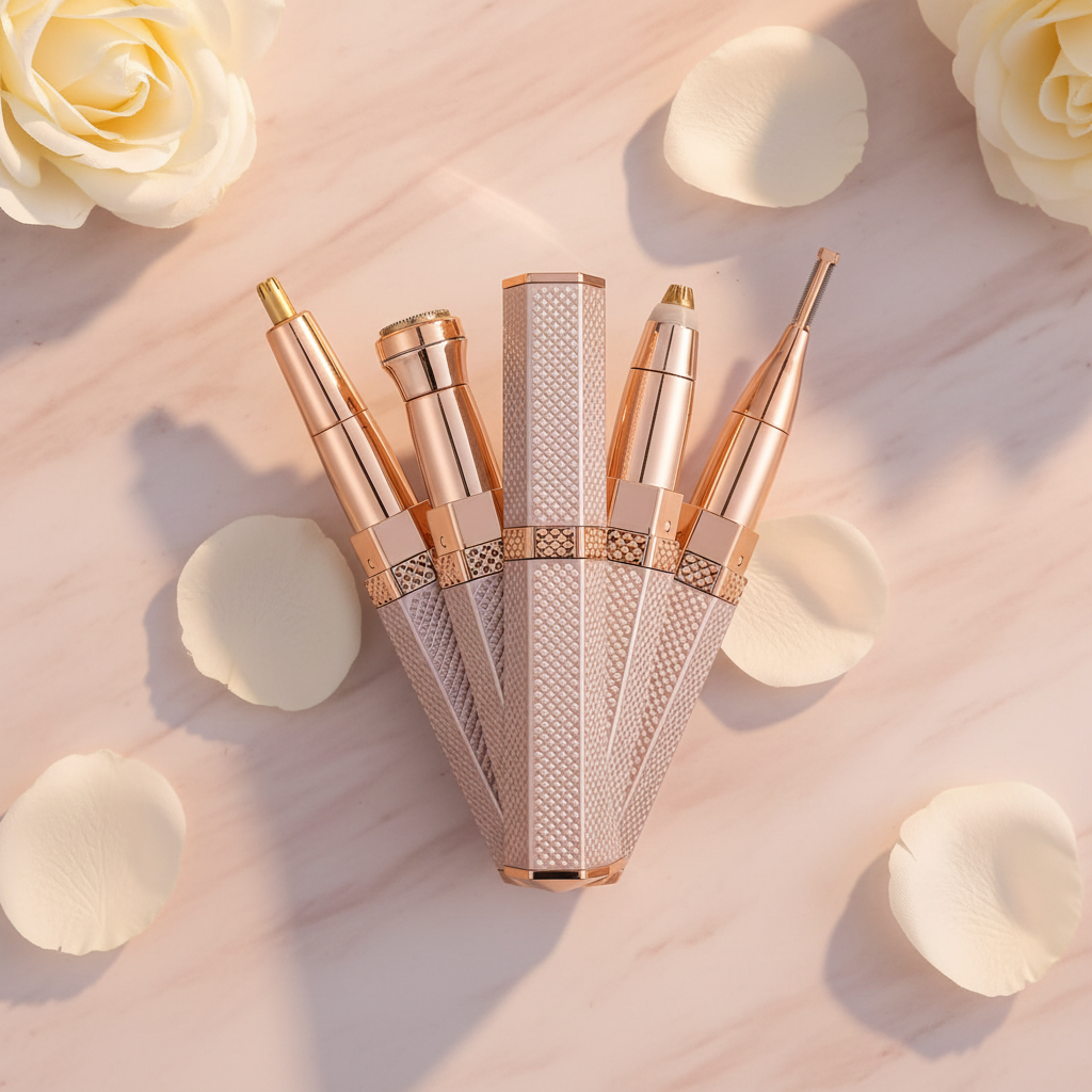 Aveliq Glow 5-in-1 trimmer attachments displayed on blush marble