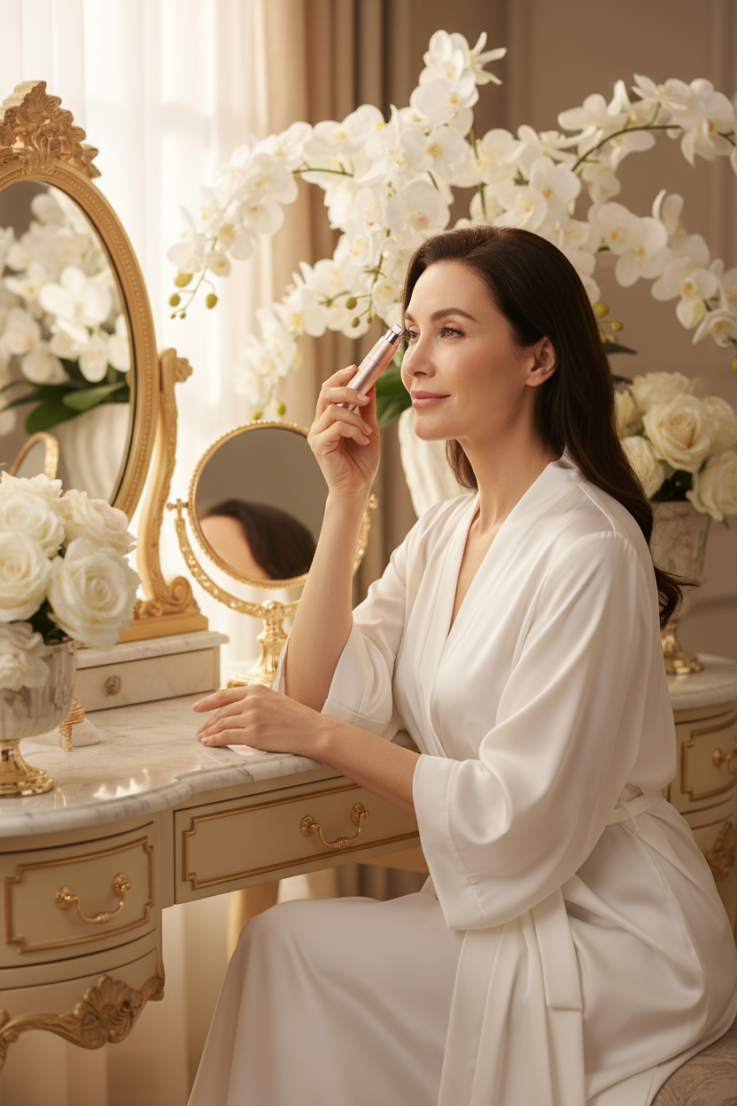Woman using Aveliq Glow rose gold trimmer on eyebrow at vanity
