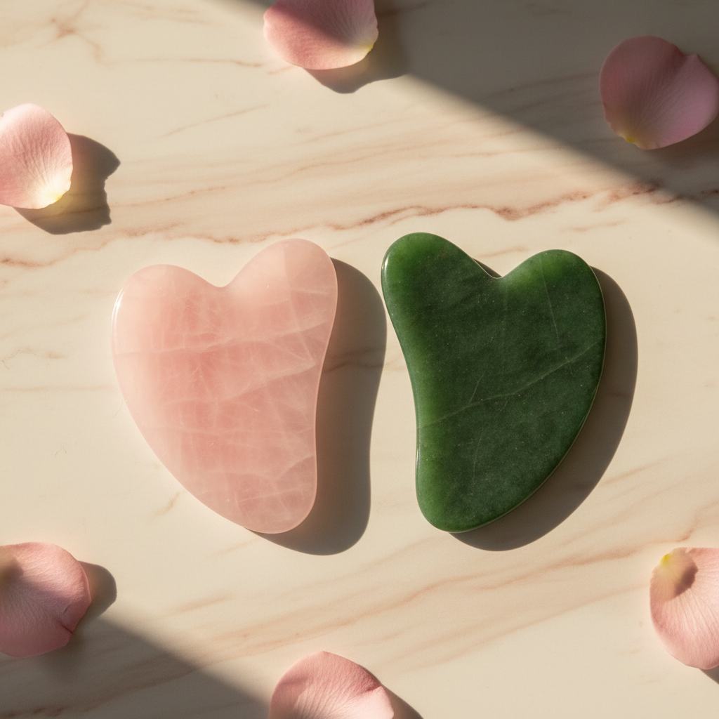 Aveliq Glow Rose Quartz and Jade Gua Sha 2 piece set clearly shown