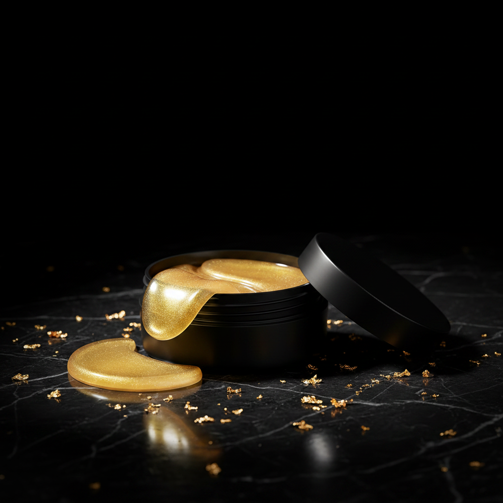 Aveliq Glow Gold Collagen Eye Patches on dark marble with gold flakes