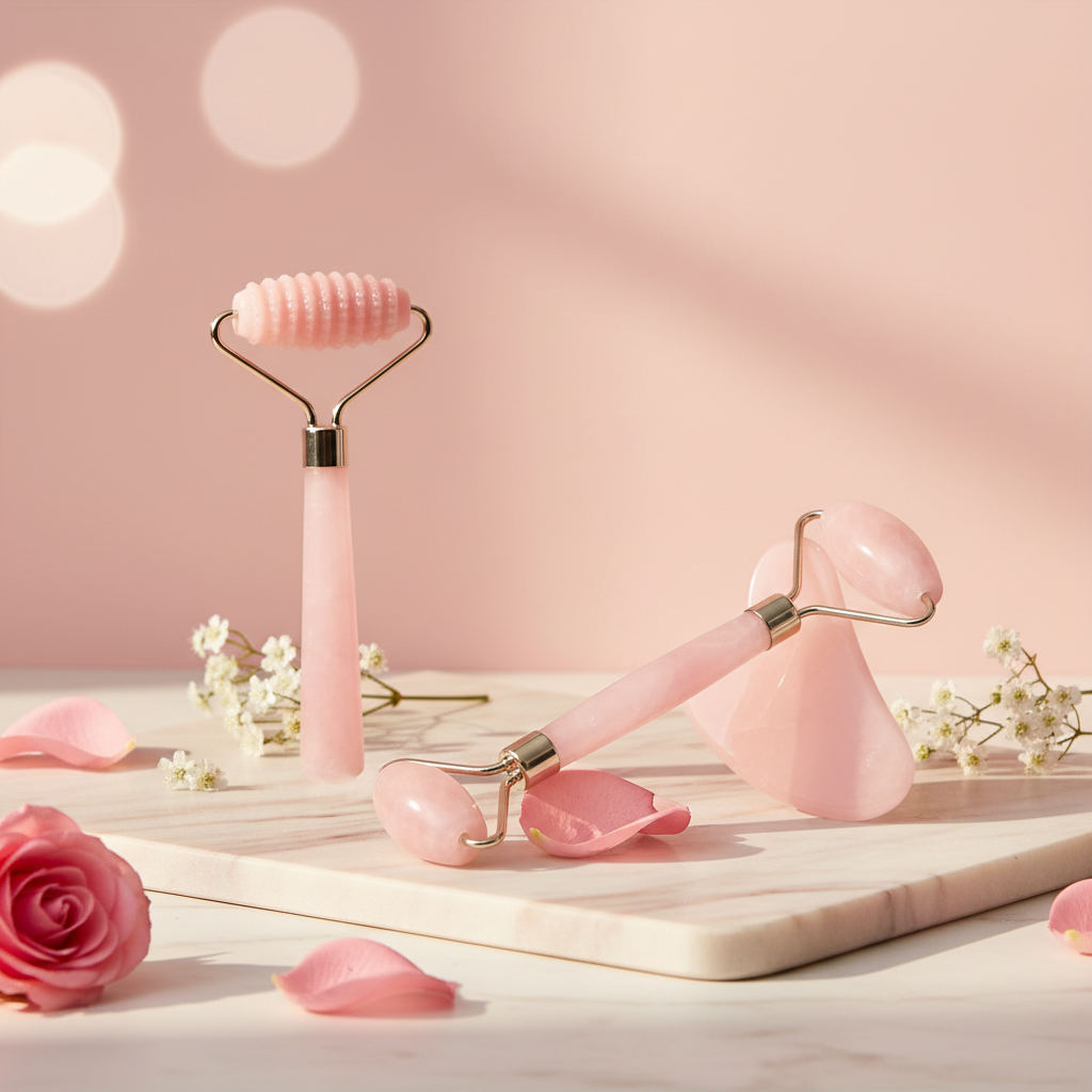 Aveliq Glow Rose Quartz Roller Set soft feminine product shot