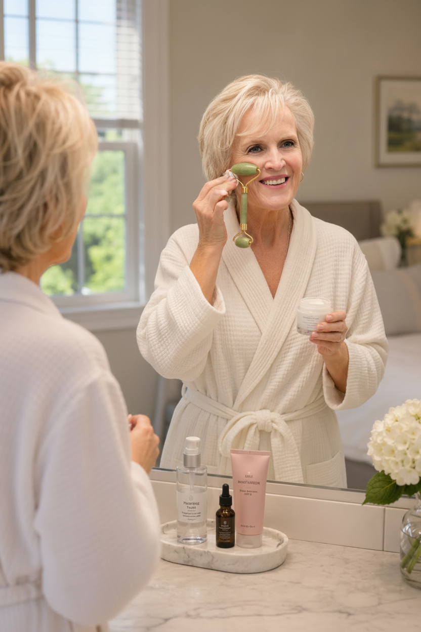 Woman using Aveliq Glow Jade Roller in morning skincare routine