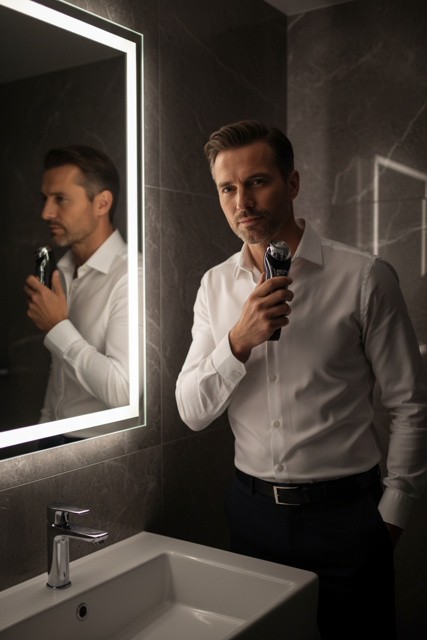 Stylish man using Aveliq Glow electric shaver in luxury bathroom