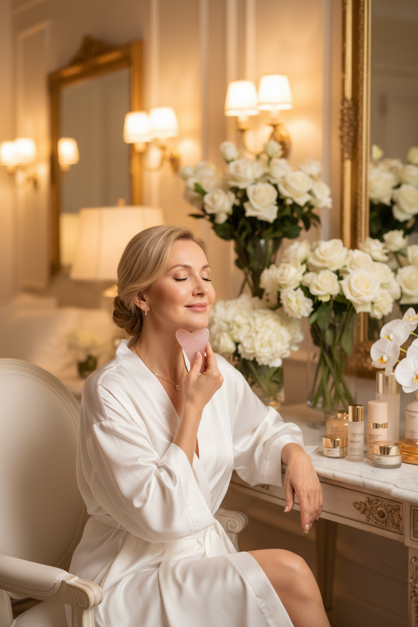 Woman using Aveliq Glow Gua Sha tool on jawline